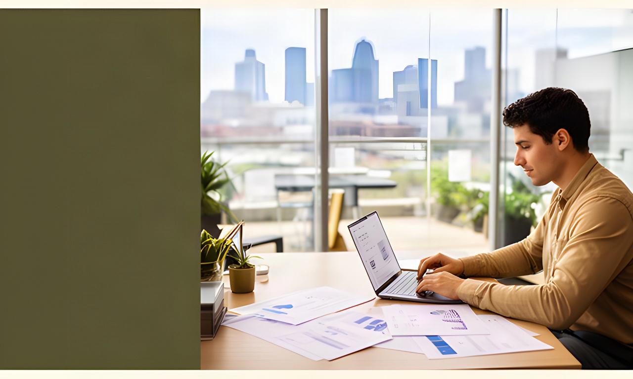 Entrepreneur reviewing startup documents in a bright Nashville coworking office with the city skyline beyond the windows